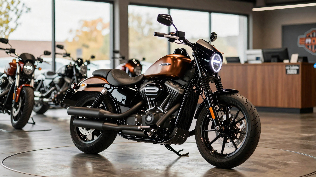 Motocicleta Harley-Davidson preta e bronze exposta em showroom com piso de concreto.