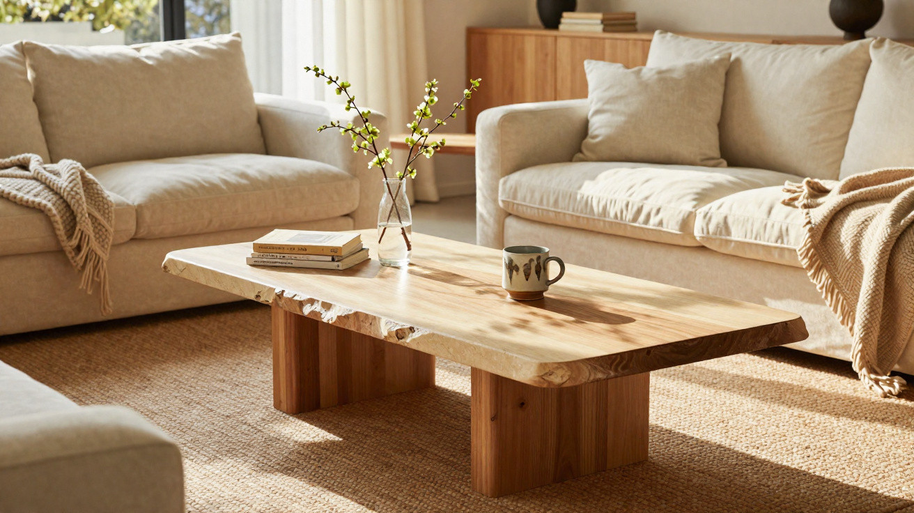 Sala de estar com dois sofás claros, mesa de madeira natural com vaso de flores e caneca.