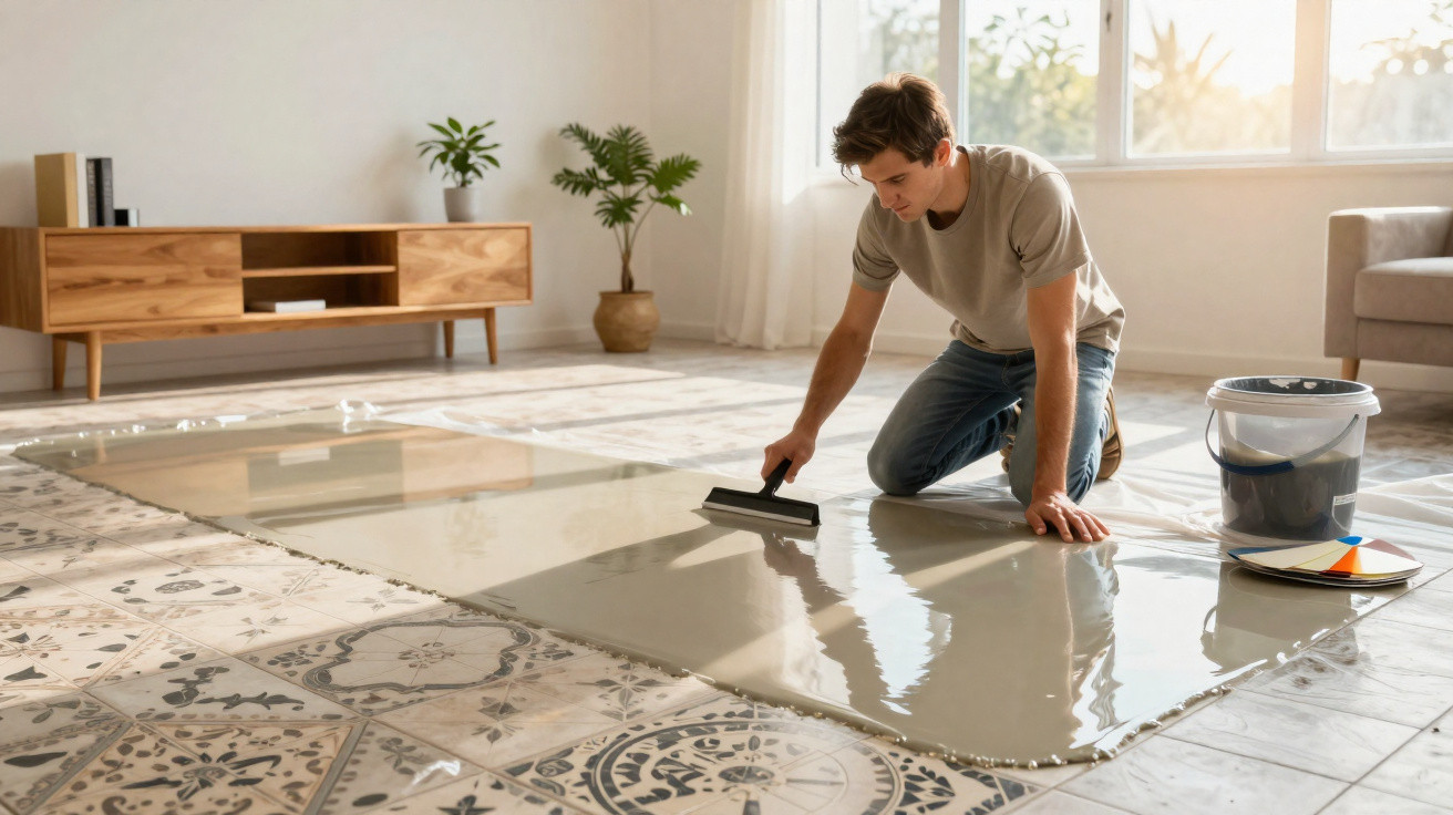 Homem aplicando revestimento autonivelante em piso de azulejos com espátula na sala iluminada.