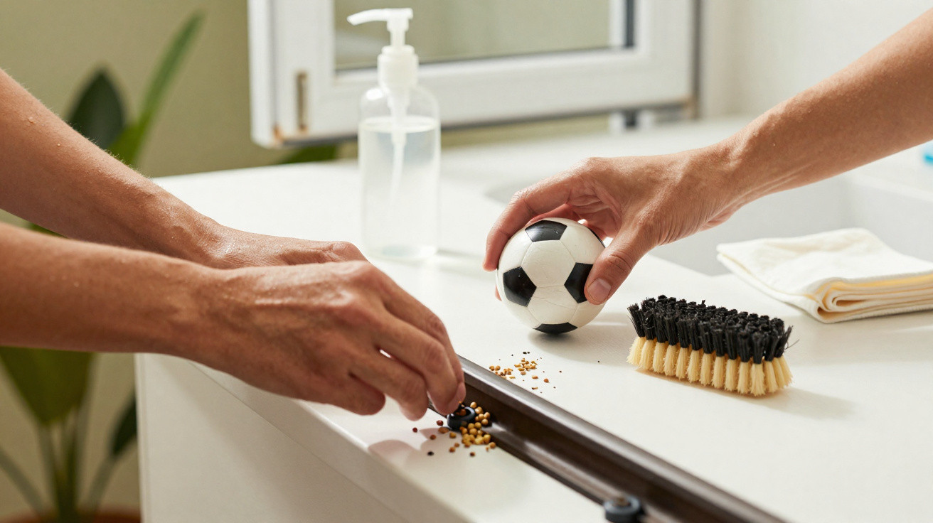 Mãos limpando grãos amarelos de superfície branca com escova e bola de futebol pequena.