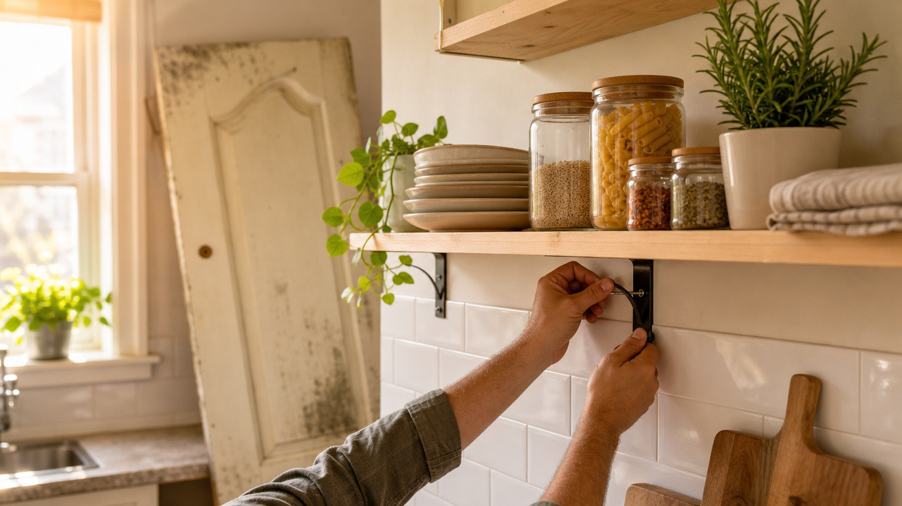Mãos instalando suporte de prateleira em cozinha com potes, pratos e plantas decorativas.