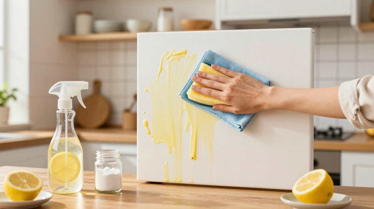 Pessoa limpando sujeira amarela em eletrodoméstico branco com pano azul em cozinha clara, com limões e spray à base de limão.