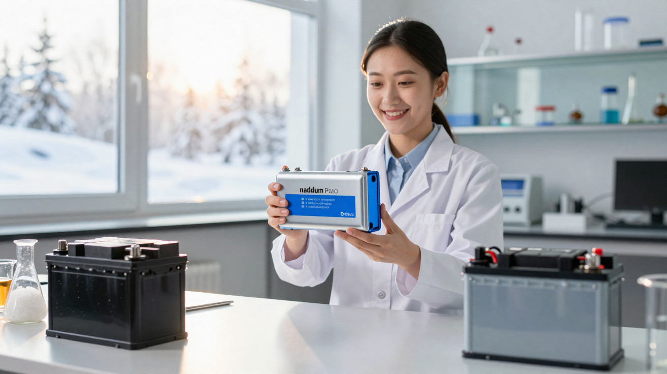 Mulher cientista em laboratório segurando dispositivo tecnológico entre baterias automotivas na mesa.