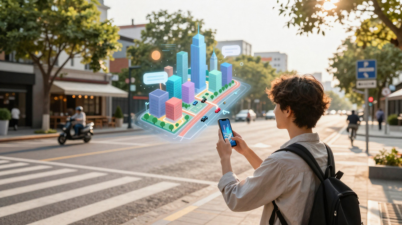 Pessoa usando smartphone com holograma de cidade digital sobreposta na rua urbana ao pôr do sol.