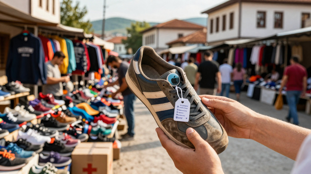 Pessoa segurando um tênis usado à venda em mercado de rua com várias roupas e calçados à mostra.