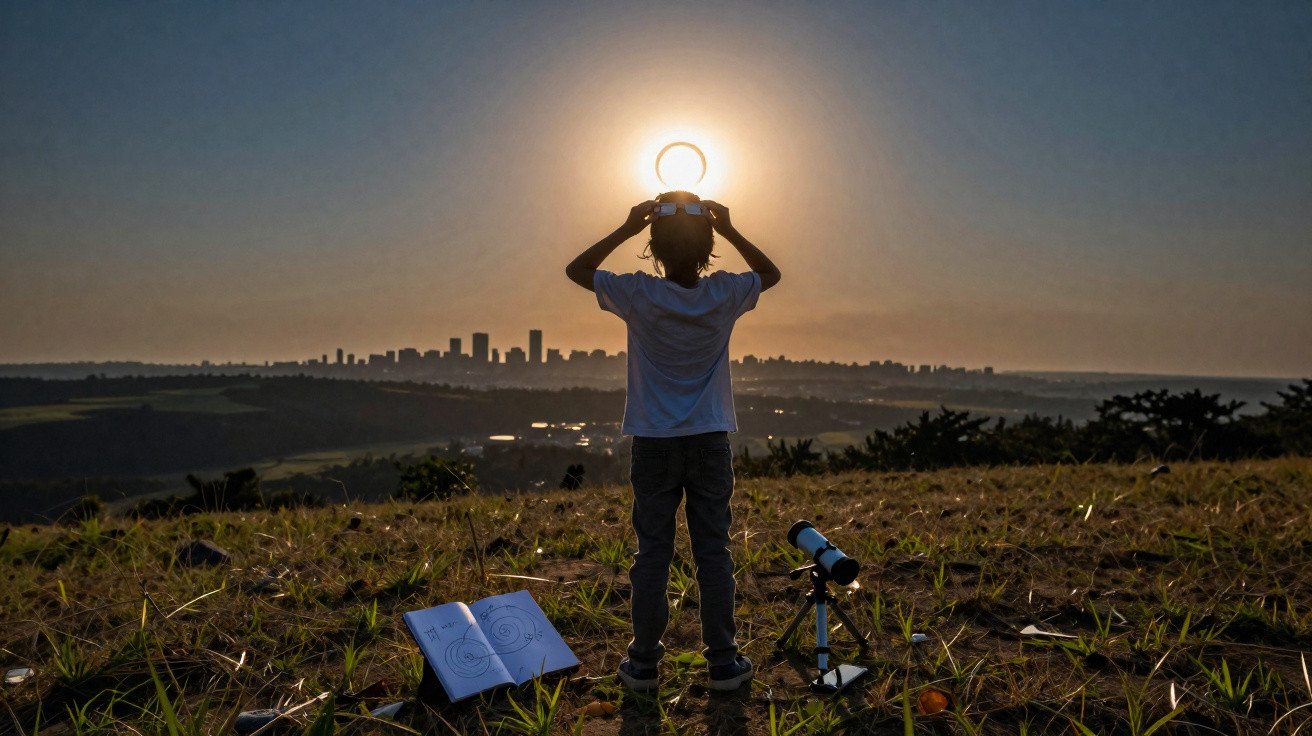 Criança segura objeto na cabeça ao pôr do sol, com livro aberto e telescópio no chão em campo aberto.