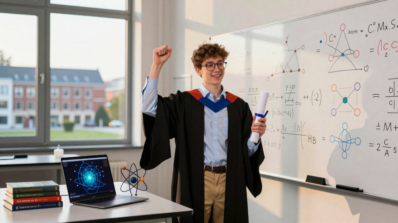 Jovem vestido de beca comemora graduação em frente a quadro branco com fórmulas e laptop na mesa.