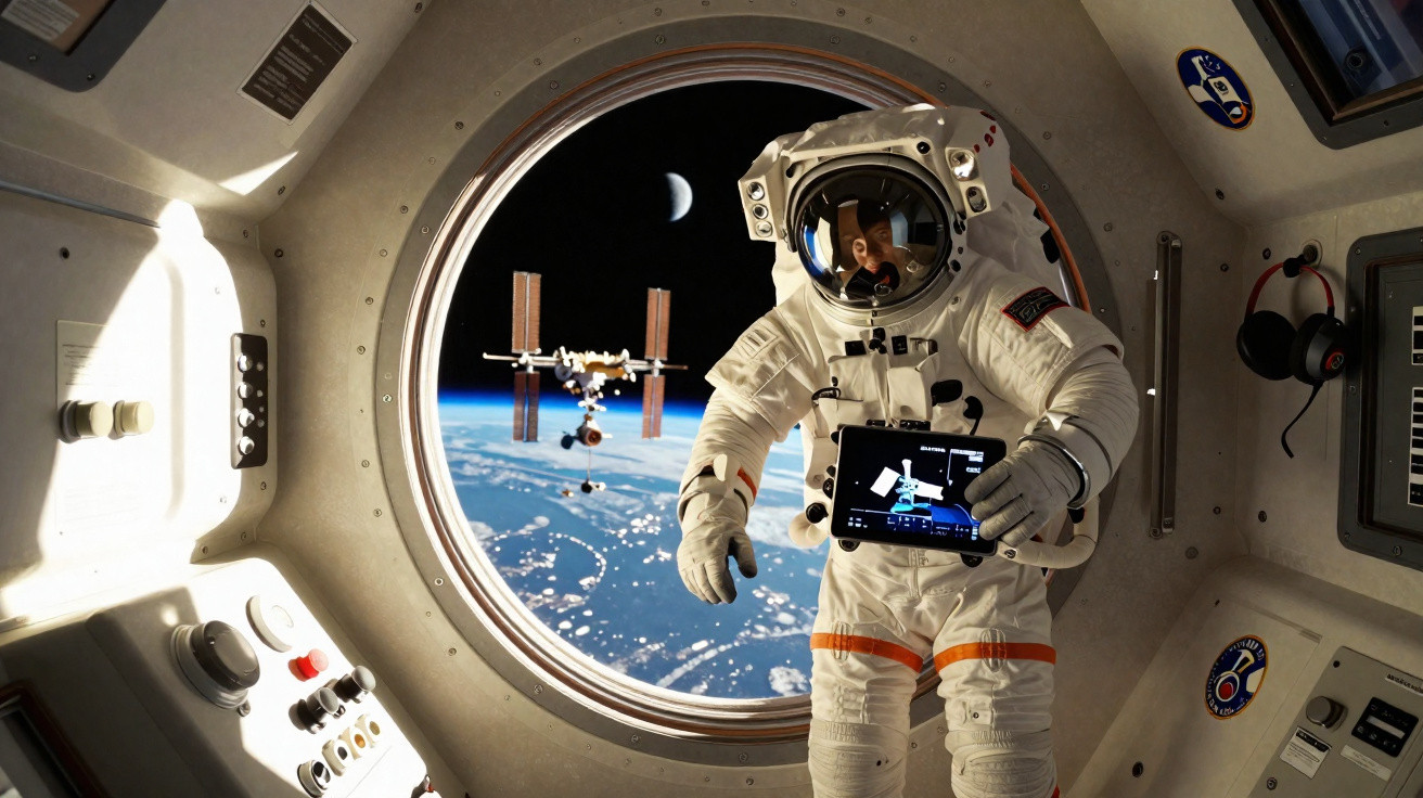 Astronauta em traje espacial flutua dentro de estação espacial com Terra e Lua ao fundo pela janela circular.