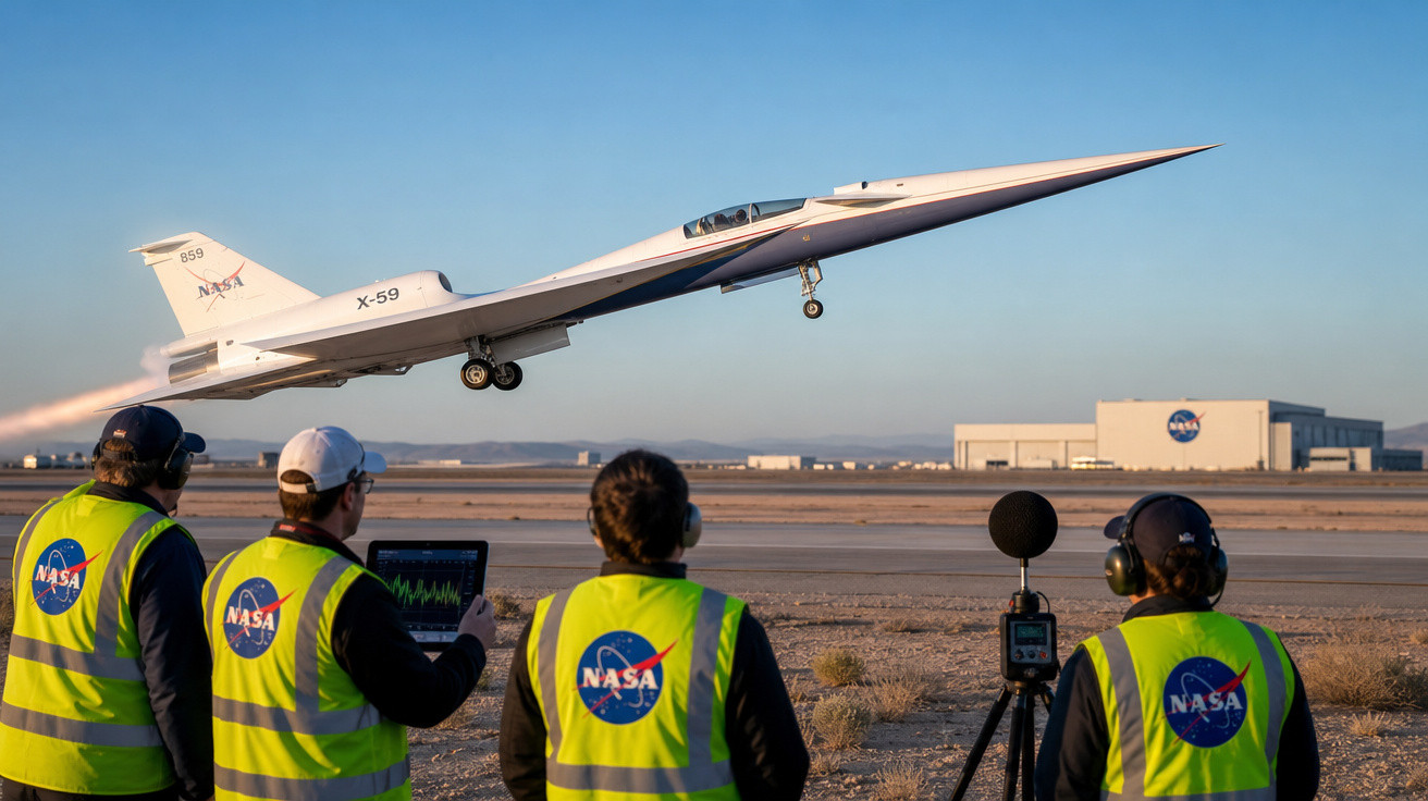 Avião supersônico X-59 da NASA decolando enquanto quatro técnicos observam na pista com coletes amarelos.