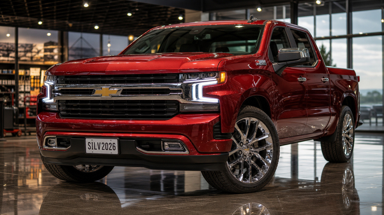 Picape Chevrolet vermelha com faróis em LED e rodas cromadas em ambiente interno iluminado.