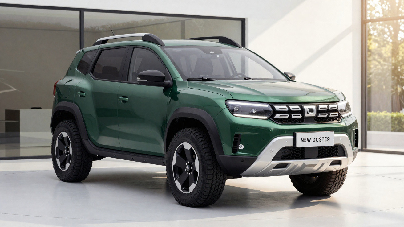 SUV verde Renault New Duster estacionado em ambiente interno moderno, vista frontal lateral direita.