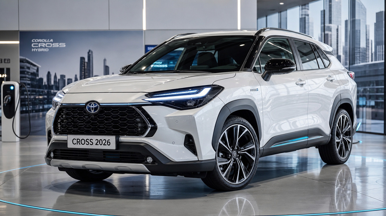 SUV branco Toyota Corolla Cross 2026 híbrido em exposição em showroom moderno com prédios ao fundo.