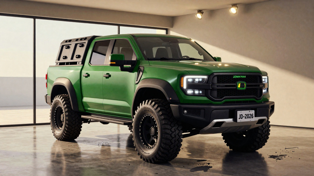 Picape verde robusta estacionada em garagem moderna com painéis de vidro e pneus off-road.