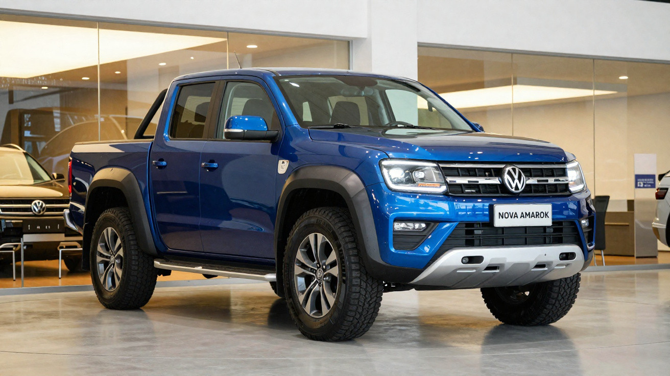 Picape Volkswagen Amarok azul estacionada em showroom iluminado e moderno.