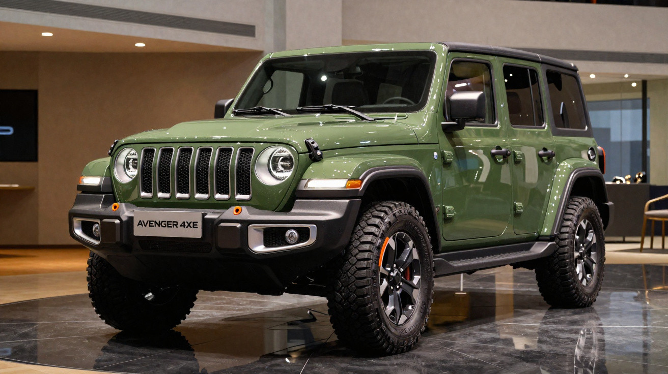 Jeep verde modelo Avenger 4xe estacionado em showroom com piso brilhante e ambiente interno.