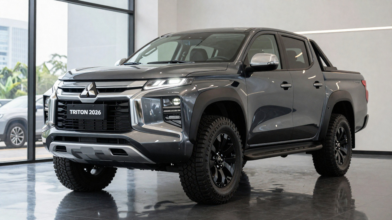 Picape Mitsubishi Triton 2026 cinza exibida em showroom com pneus robustos e design moderno.