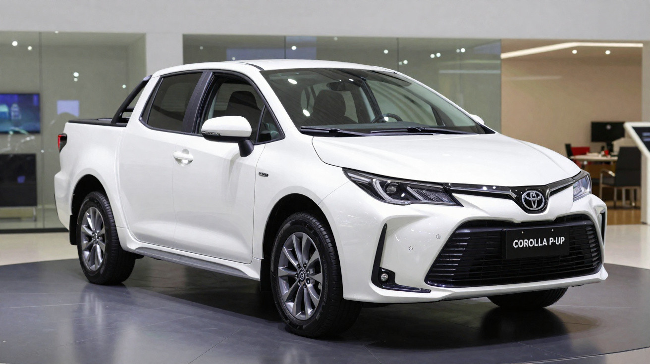 Picape Toyota Corolla P-Up branca estacionada em showroom moderno e iluminado.