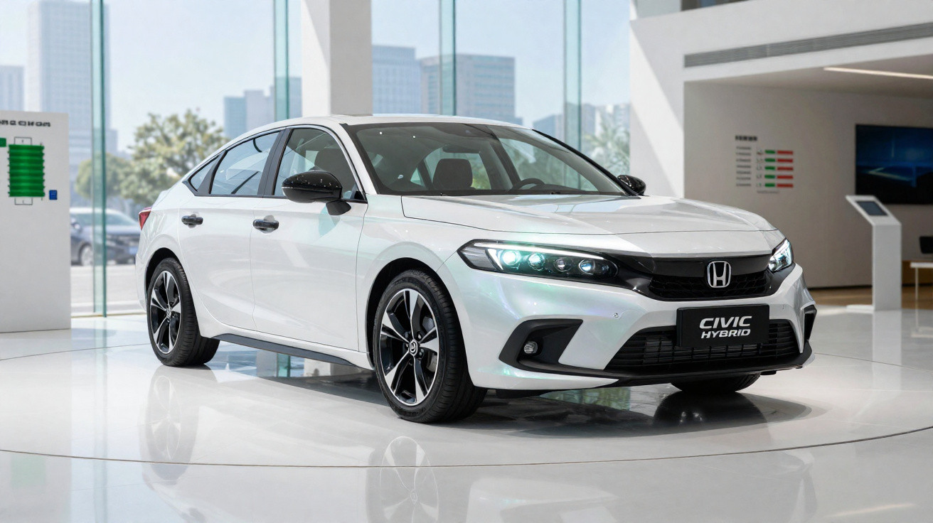 Carro Honda Civic Hybrid branco exibido em showroom moderno com piso branco e paredes de vidro.
