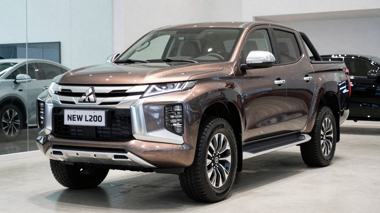 Picape Mitsubishi New L200 marrom exibida em showroom moderno, vista frontal e lateral direita.