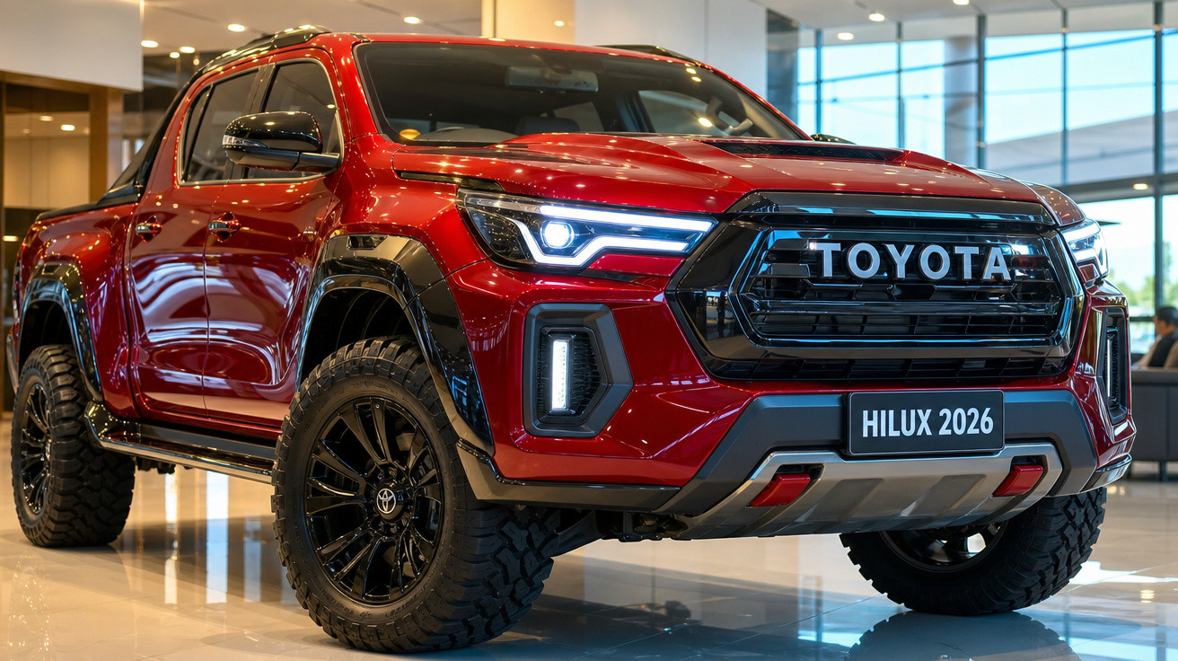 Picape Toyota Hilux 2026 vermelha em showroom com rodas pretas e faróis ligados.