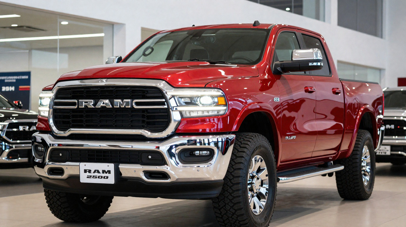 Picape RAM 2500 vermelha em showroom com grade frontal cromada e rodas robustas.