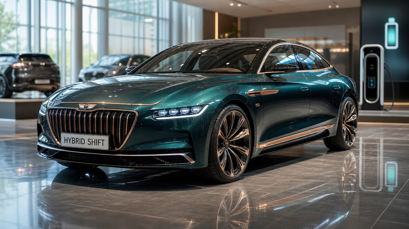 Carro híbrido verde escuro em showroom moderno com piso refletivo e iluminação natural.