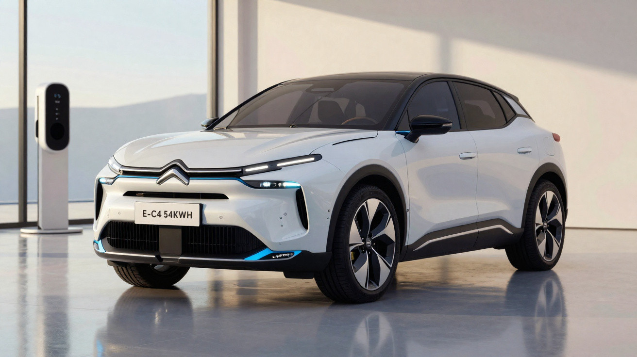 Carro elétrico Citroën E-C4 branco estacionado em ambiente interno com carregador ao fundo.