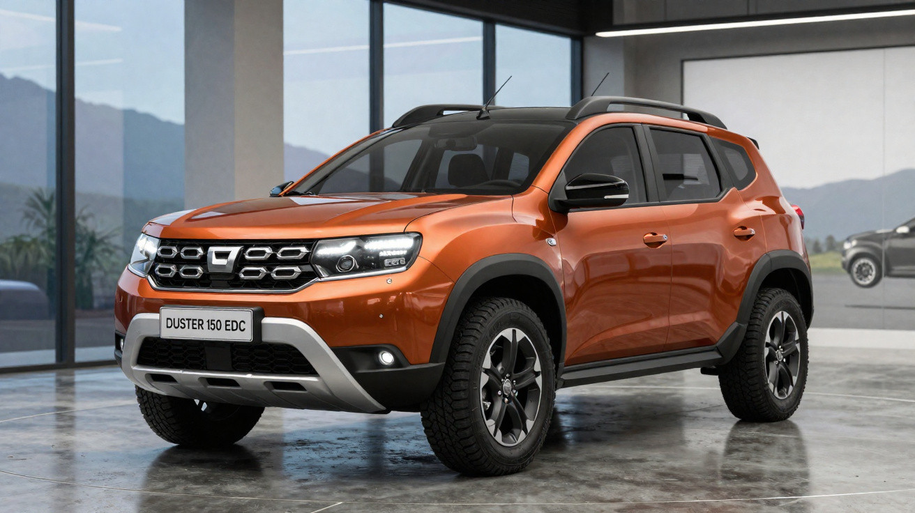 SUV Duster 150 EDC laranja em showroom moderno com paredes de vidro e vista para montanhas.