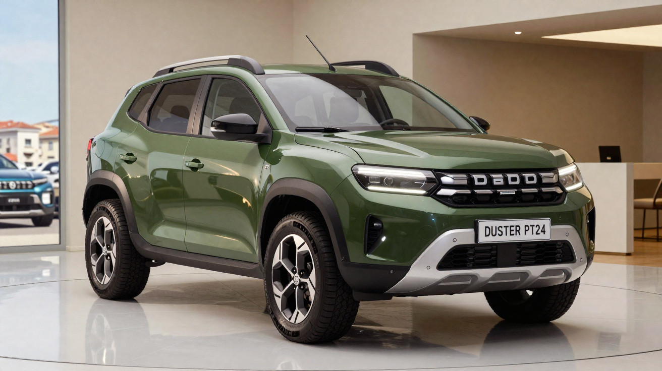 SUV verde Dacia Duster PT24 estacionado em ambiente interno moderno e iluminado.