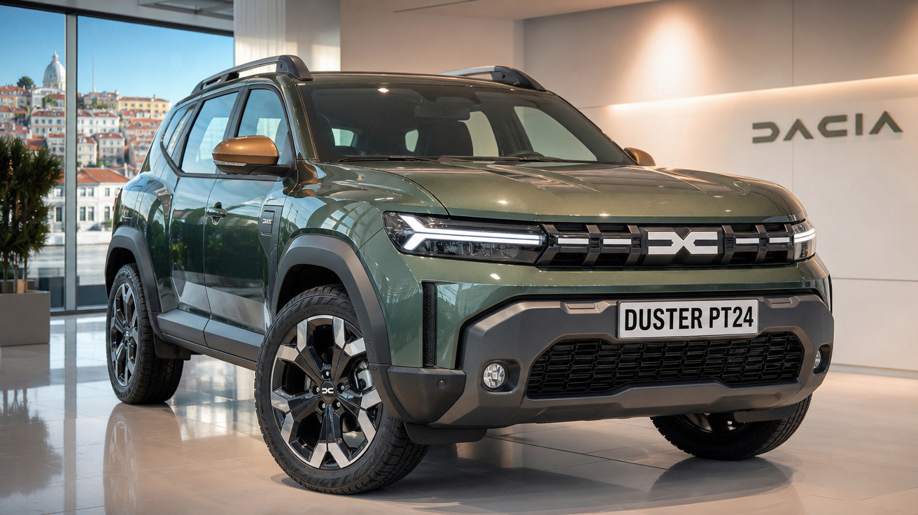 SUV Dacia Duster PT24 verde exibição em showroom com logo Dacia na parede ao fundo.