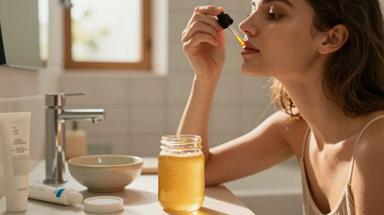 Mulher aplica sérum facial com conta-gotas em banheiro iluminado por luz natural.