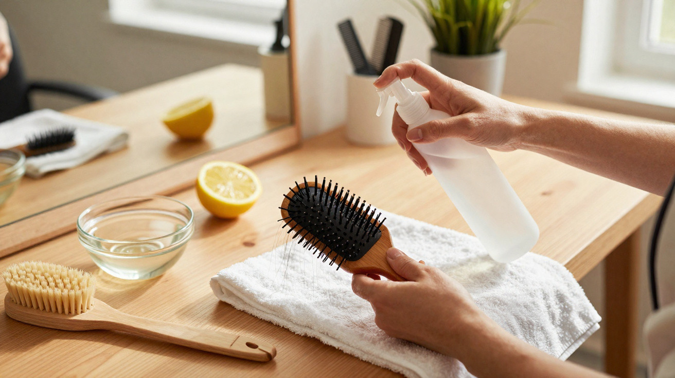 Mãos aplicando spray em escova de cabelo com fios, toalha branca, escova de limpeza, limão e tigela na mesa.