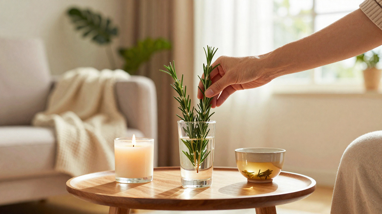 Mão colocando ramo de alecrim em copo com água em mesa de madeira com vela e xícara em sala iluminada.