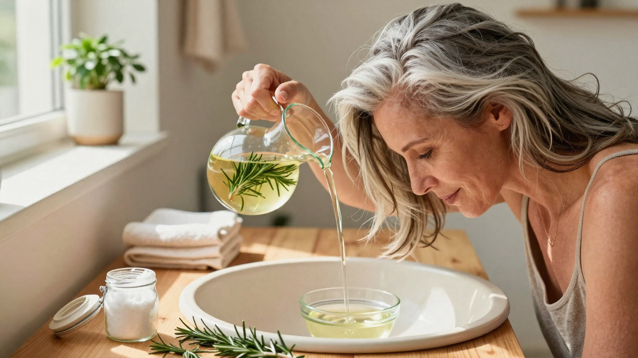 Mulher derramando infusão com alecrim em tigela para aromaterapia em ambiente iluminado.