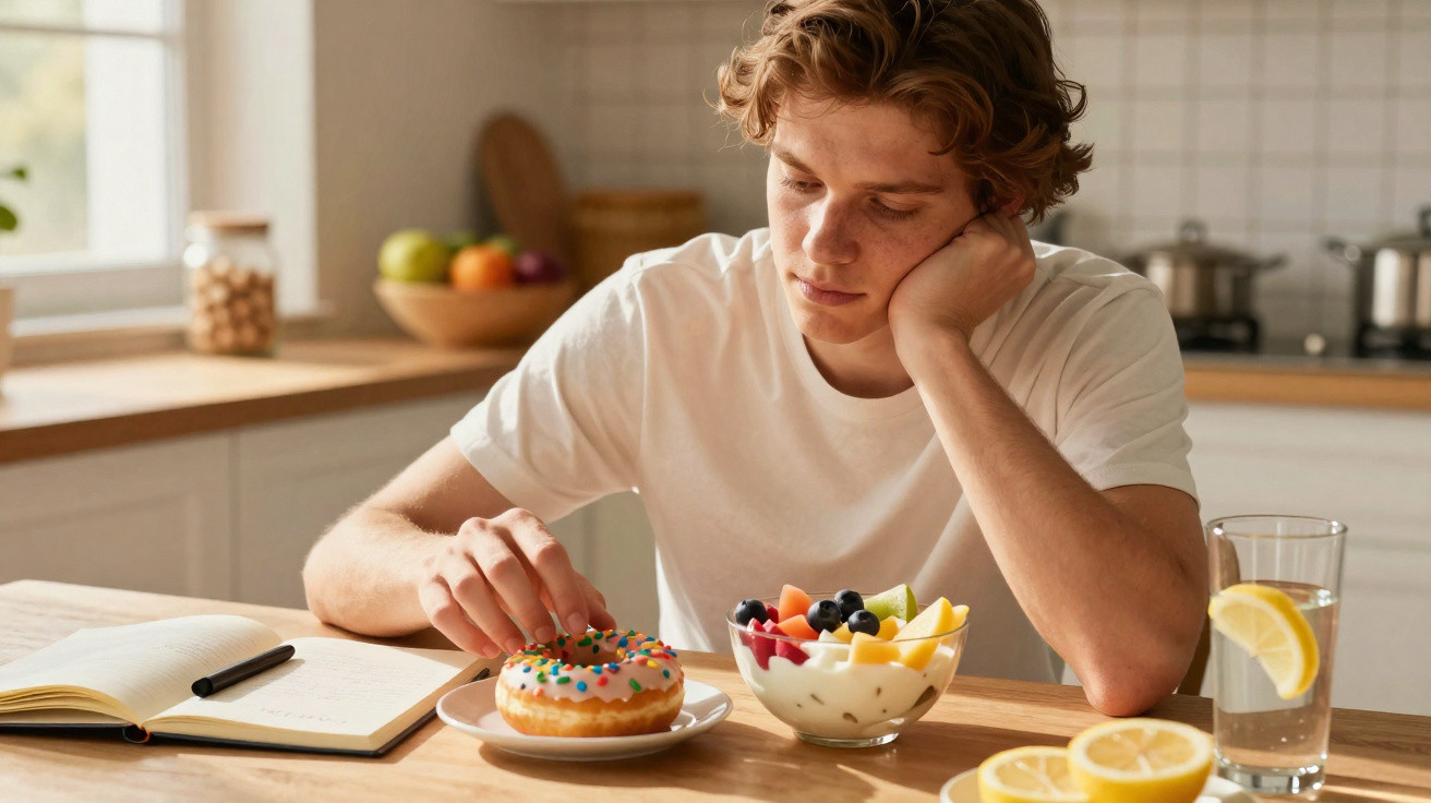 Jovem vestido de branco olhando para um donut com confeitos enquanto está sentado à mesa da cozinha.