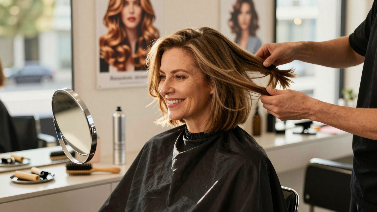 Mulher sorrindo sentada em salão de beleza enquanto cabeleireiro arruma seu cabelo curto e loiro.