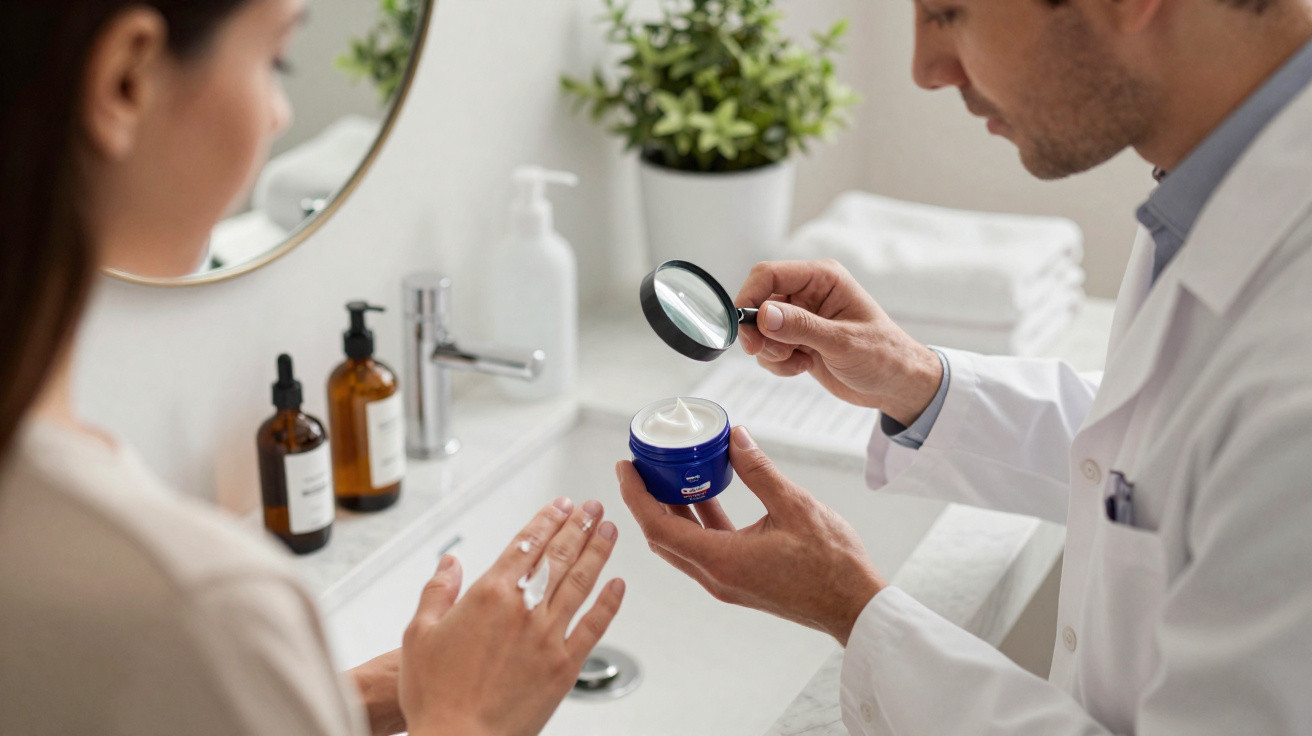 Homem com jaleco observa creme em pote azul com lupa enquanto mulher aplica creme nas mãos em banheiro.