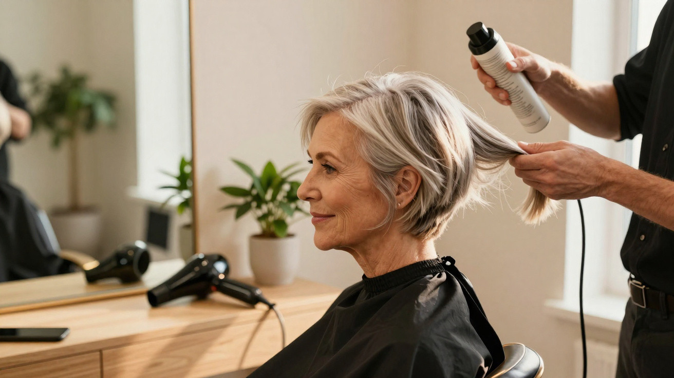 Mulher de cabelo grisalho sendo penteada e preparada por cabeleireiro em salão com espelho.