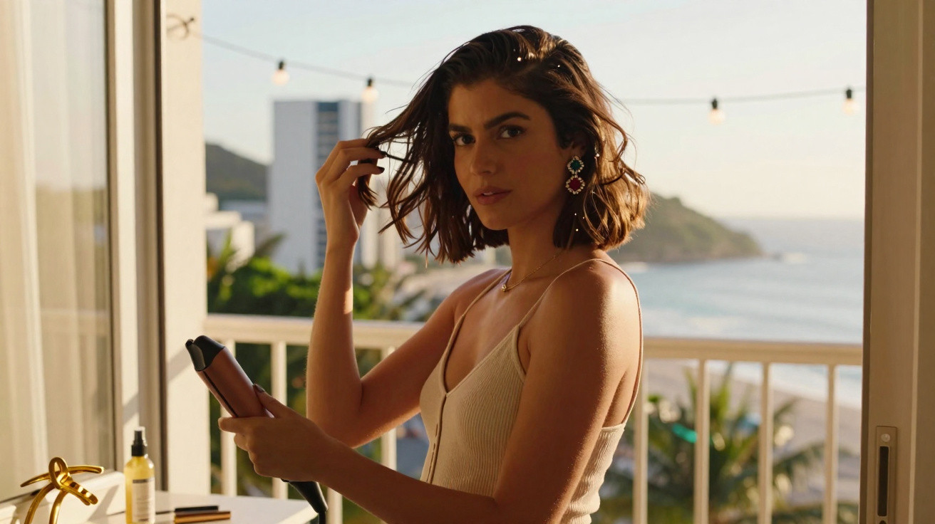 Mulher ajeitando cabelo com chapinha em varanda com vista para o mar ao entardecer.