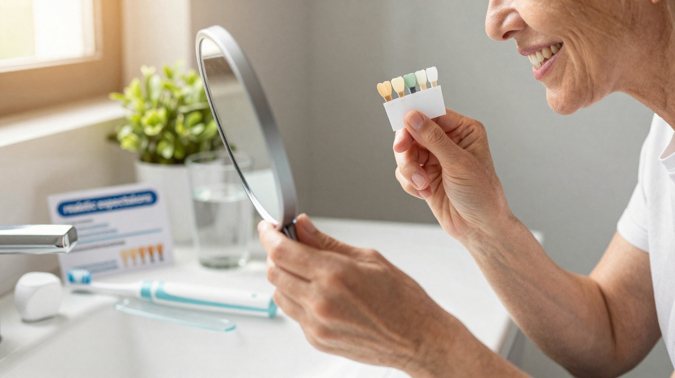 Pessoa segurando espelho e guia de cores para clareamento dental em banheiro iluminado.