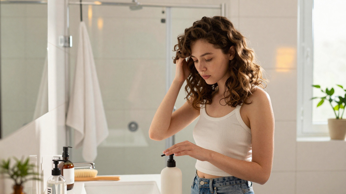 Jovem mulher com regata branca e jeans usa sabonete líquido em banheiro moderno iluminado.