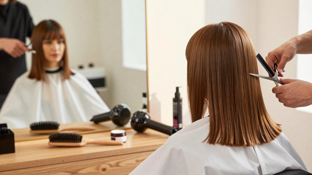 Mulher com capa branca cortando cabelo liso e castanho em salão de beleza com espelho e pincéis.
