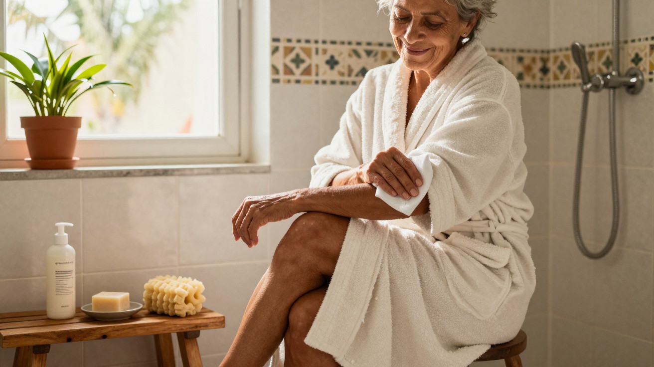 Mulher idosa aplicando hidratante no braço, sentada em banheiro com roupão branco e luz natural.