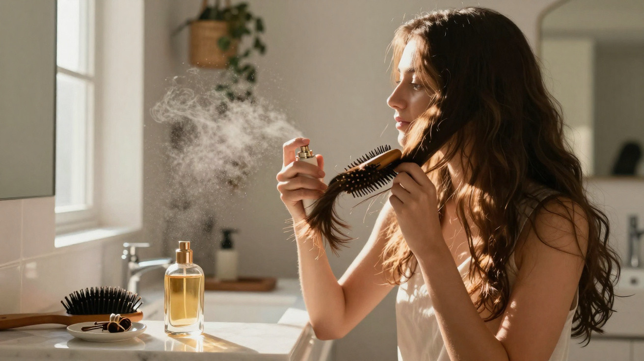 Mulher aplica spray capilar em cabelo enquanto penteia em banheiro com luz natural.