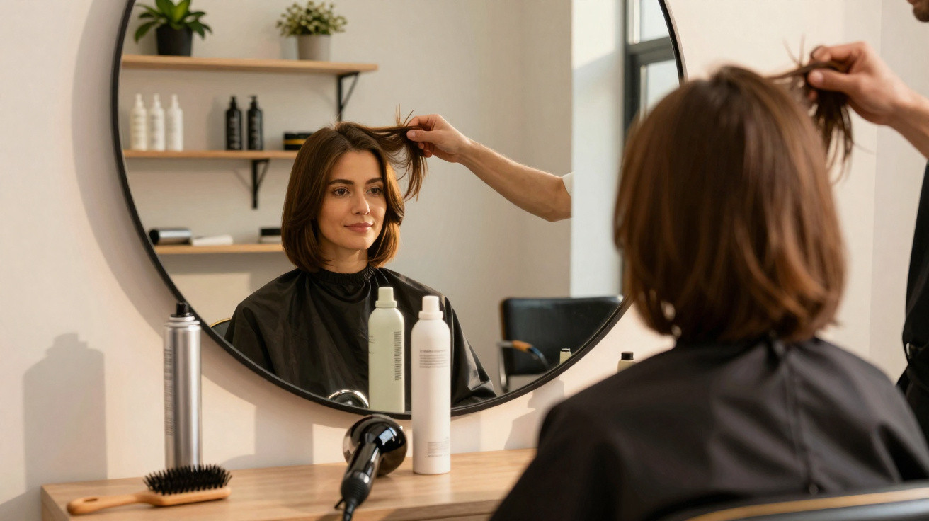 Mulher com cabelo curto sentado em salão, estilista arruma seu cabelo na frente do espelho redondo.