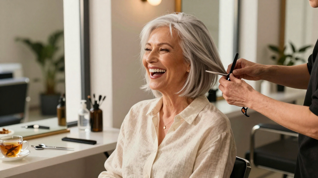 Mulher sorridente com cabelo grisalho sendo cortado por cabeleireiro em salão de beleza.