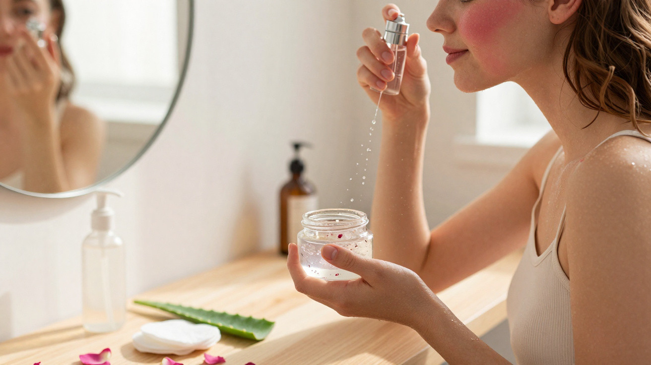 Mulher aplicando sérum facial em pote próximo a espelho e produtos de cuidados com a pele sobre bancada.