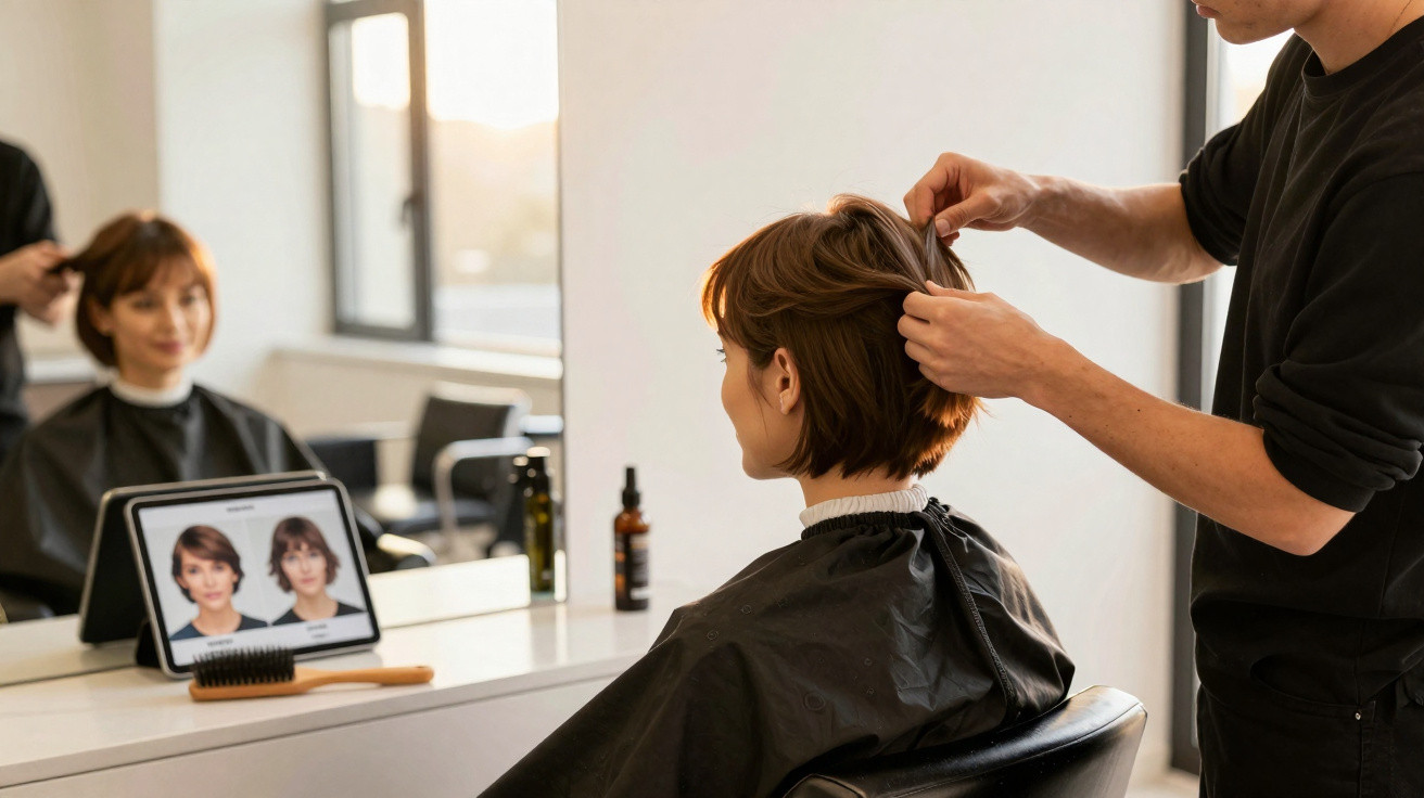 Cliente com capa de cabeleireiro olhando fotos de cortes no tablet enquanto profissional arruma seu cabelo curto.