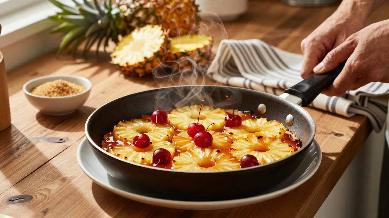 Fatias de abacaxi e cerejas vermelhas caramelizando em frigideira preta em bancada de madeira.