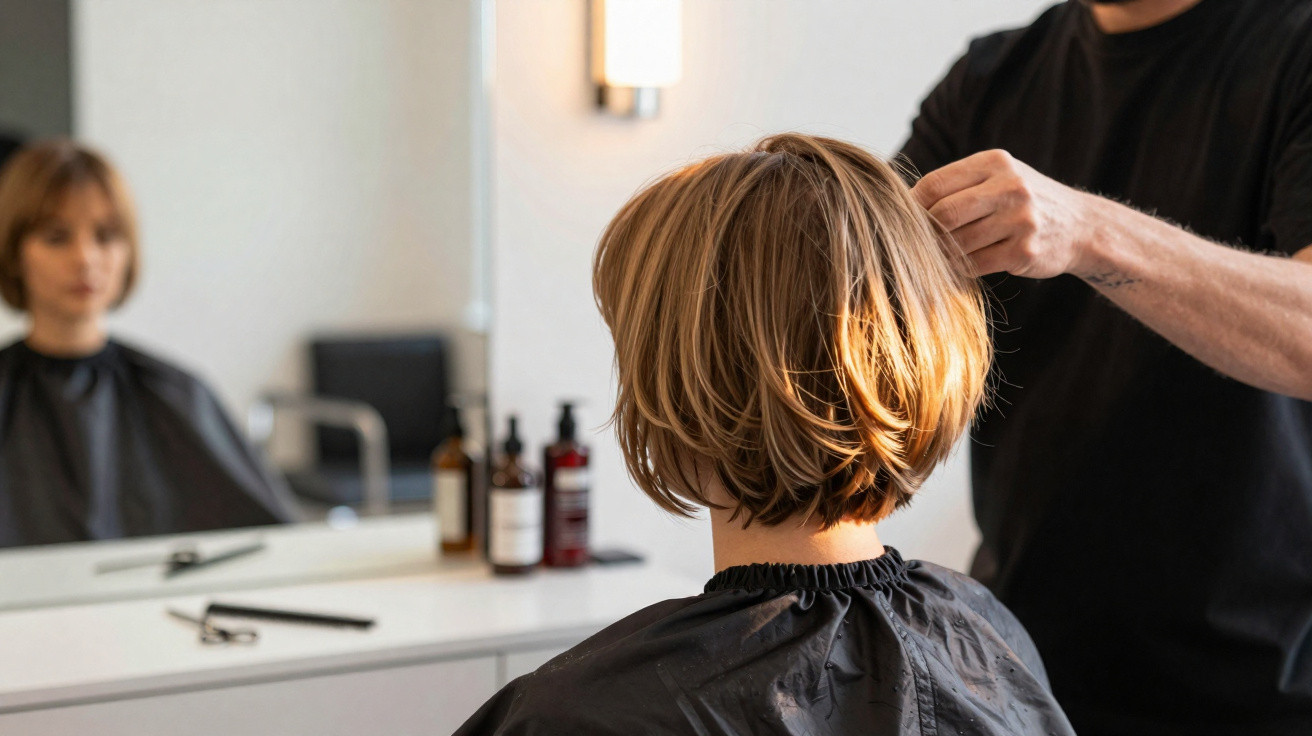 Pessoa sentada de costas recebendo corte de cabelo em salão, com espelho e produtos ao fundo.